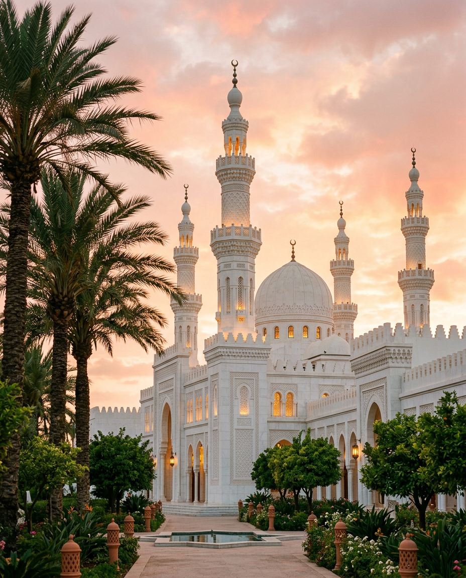 A white mosque with minarets and palm trees at sunset